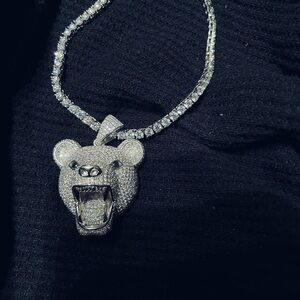 Silver Pave  Bear Head Pendant Necklace - Sparkling Statement Jewelry moissinat